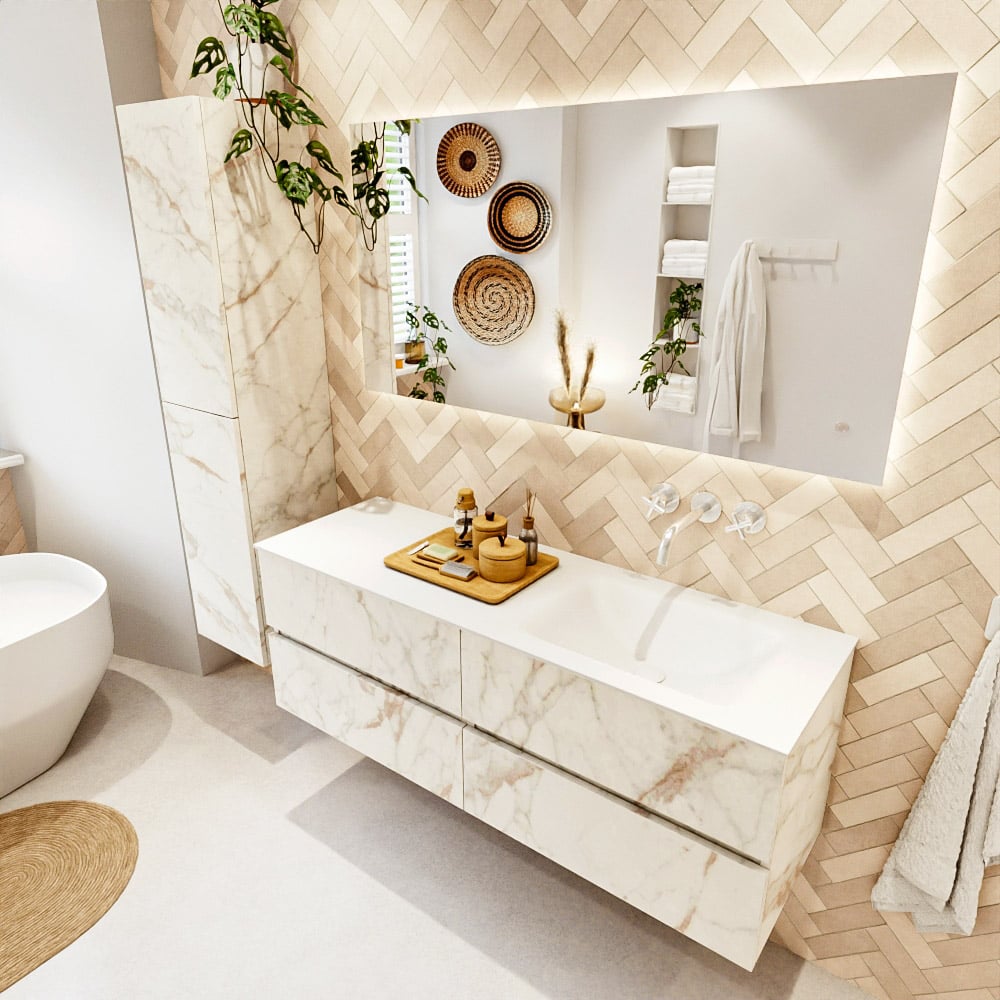 Mondiaz Vica badmeubel 140cm carrara 4 lades met wastafel cloud rechts zonder kraangat