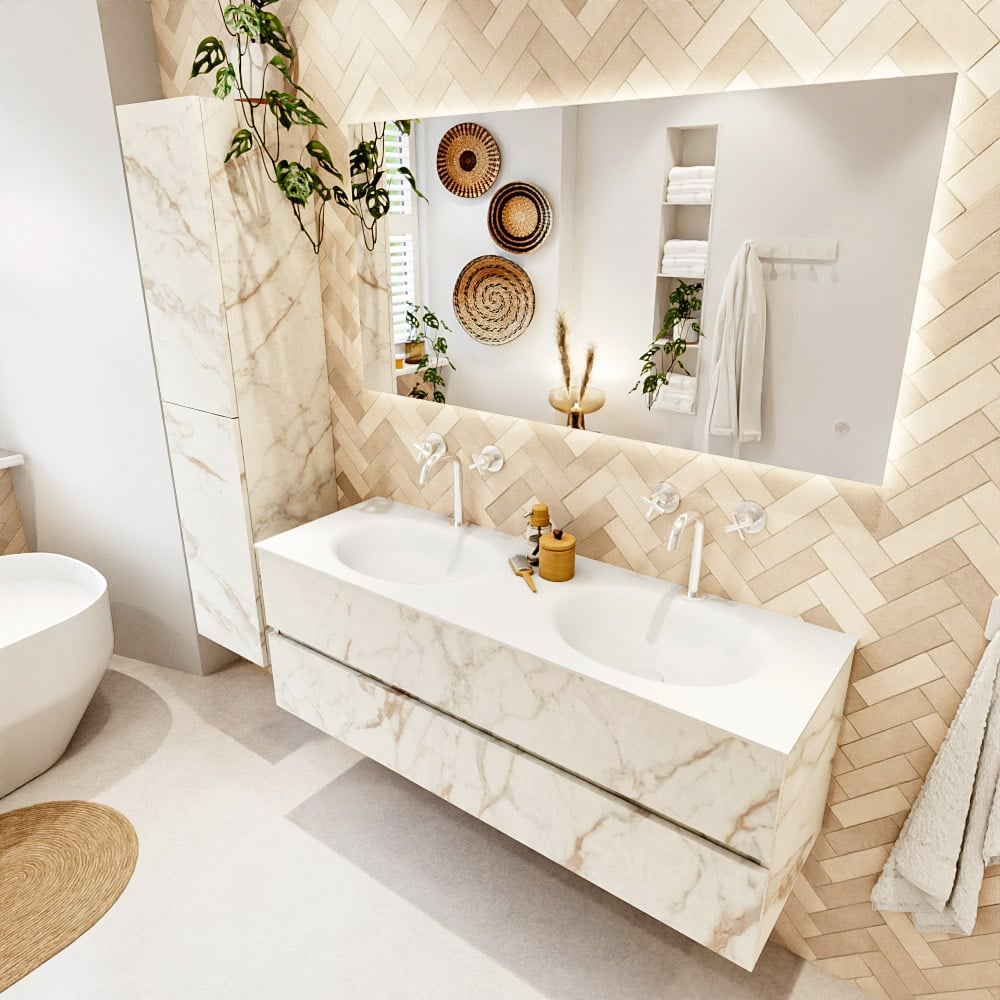 Mondiaz Vica badmeubel 140cm carrara 2 lades met wastafel moon dubbel 2 kraangaten