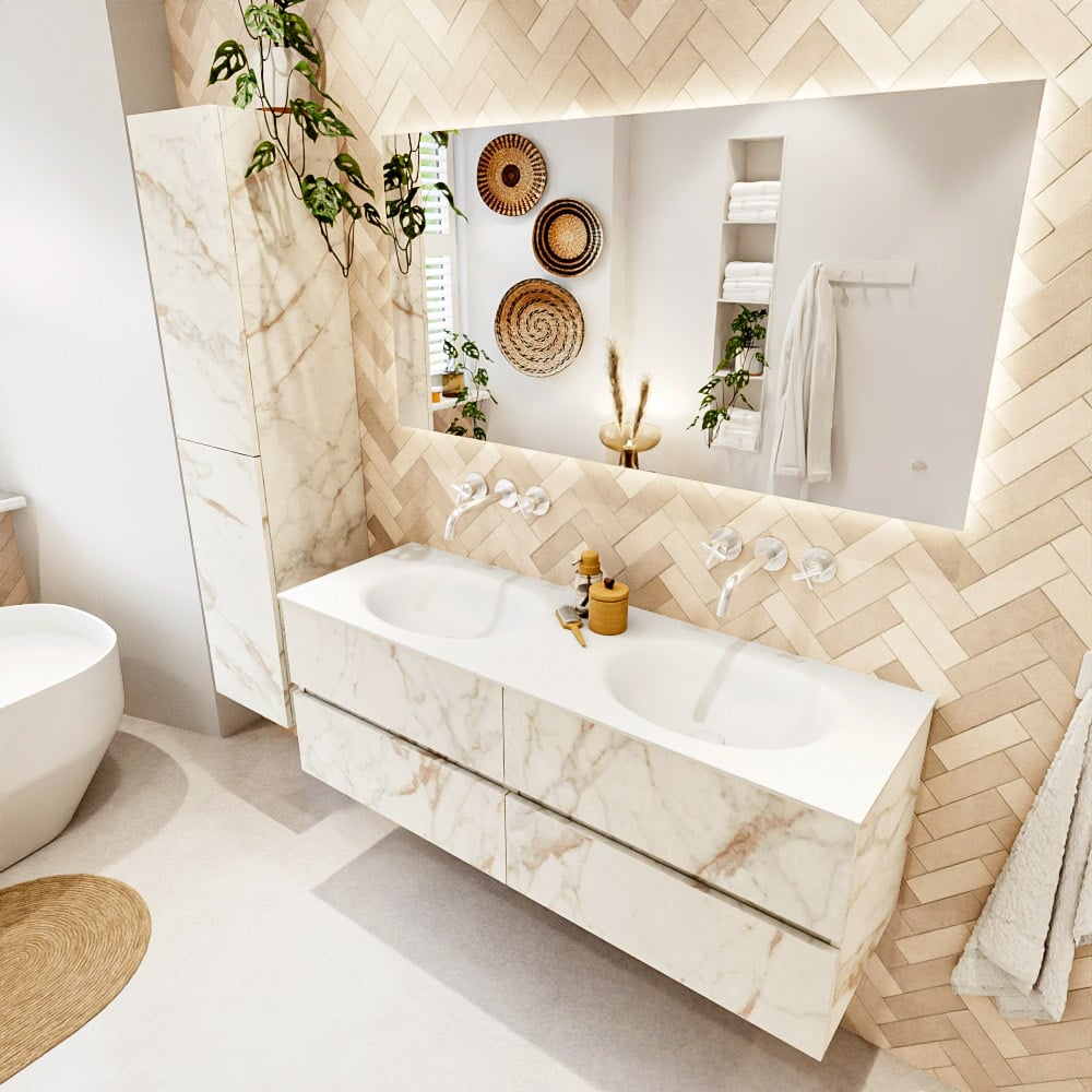 Mondiaz Vica badmeubel 140cm carrara 4 lades met wastafel moon dubbel zonder kraangat