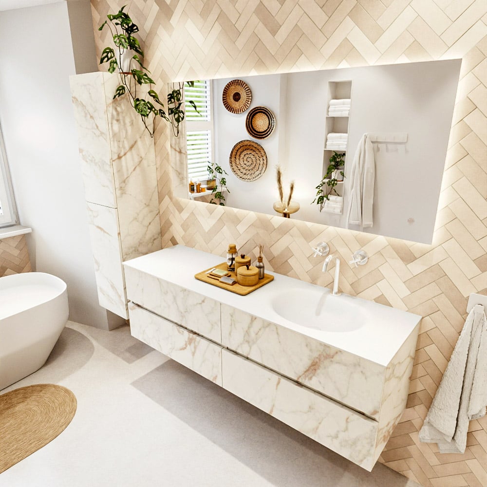 Mondiaz Vica badmeubel 160cm carrara 4 lades met wastafel moon rechts 1 kraangat