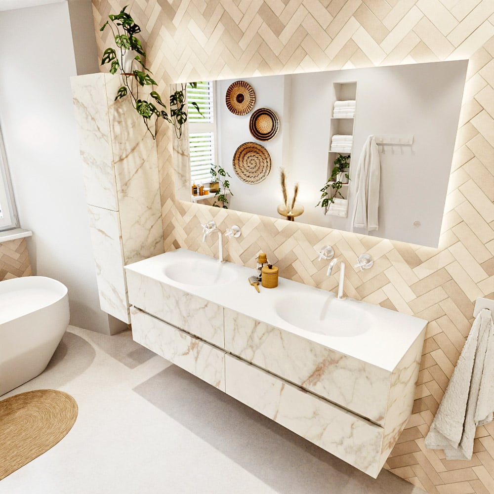 Mondiaz Vica badmeubel 160cm carrara 4 lades met wastafel moon dubbel 2 kraangaten