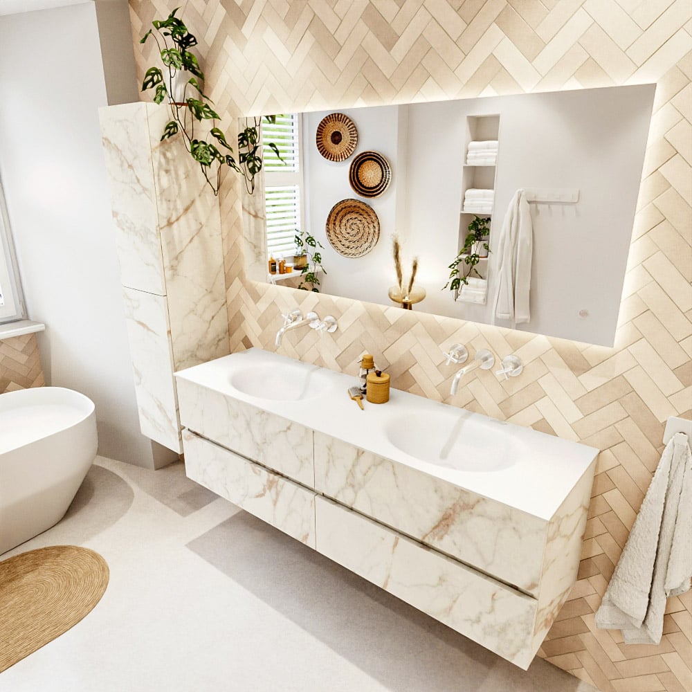 Mondiaz Vica badmeubel 160cm carrara 4 lades met wastafel moon dubbel zonder kraangat