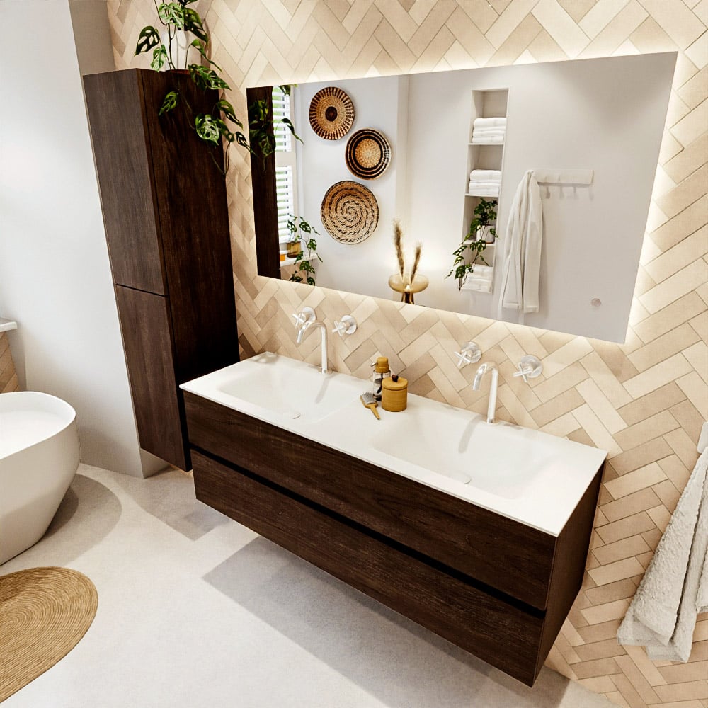 Mondiaz Vica badmeubel 140cm dark brown 2 lades met wastafel cloud dubbel 2 kraangaten