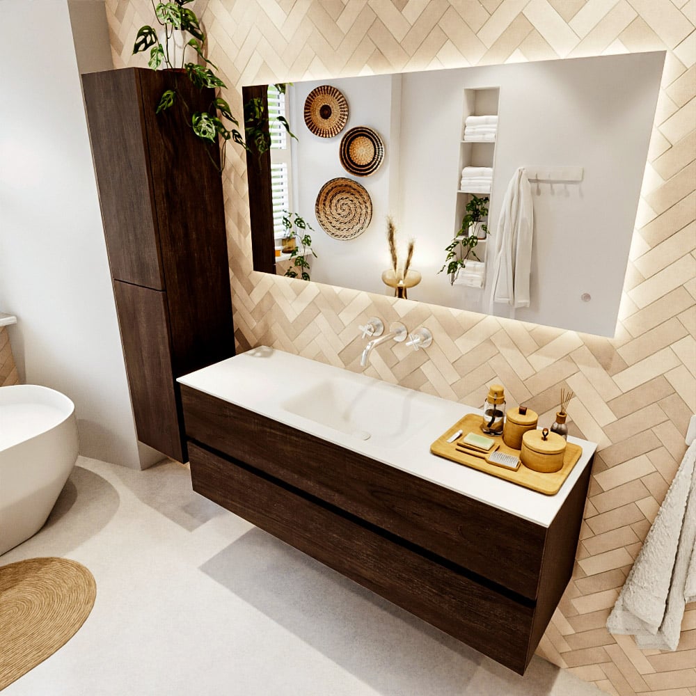 Mondiaz Vica badmeubel 140cm dark brown 2 lades met wastafel cloud midden zonder kraangat
