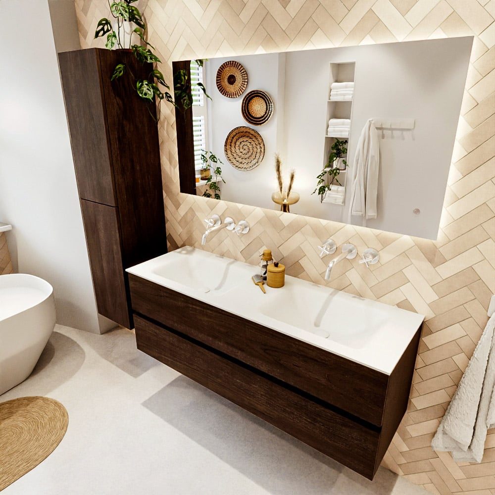 Mondiaz Vica badmeubel 140cm dark brown 2 lades met wastafel cloud dubbel zonder kraangat