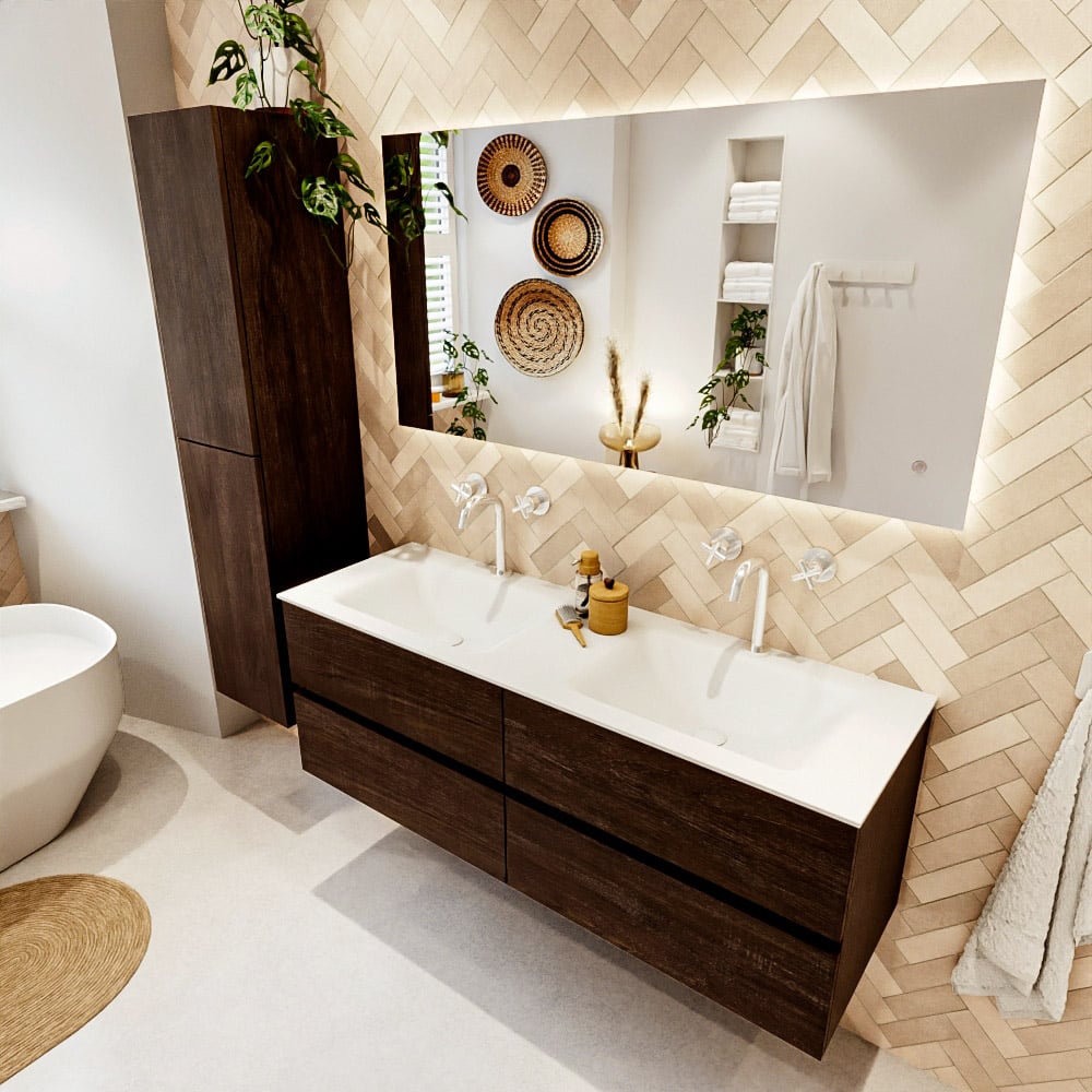 Mondiaz Vica badmeubel 140cm dark brown 4 lades met wastafel cloud dubbel 2 kraangaten