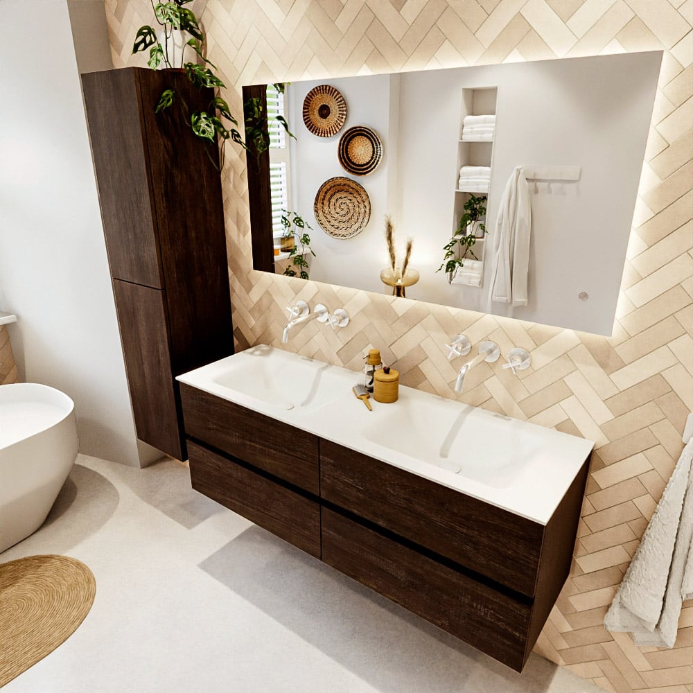 Mondiaz Vica badmeubel 140cm dark brown 4 lades met wastafel cloud dubbel zonder kraangat