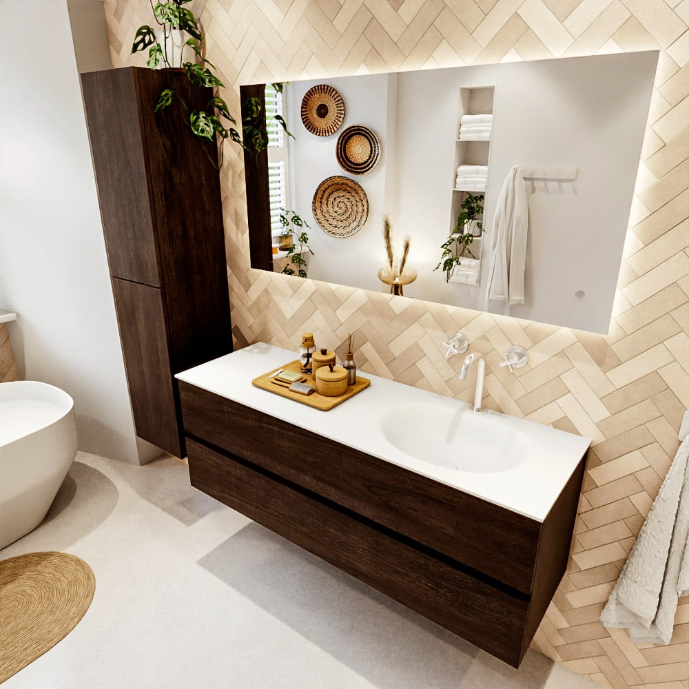 Mondiaz Vica badmeubel 140cm dark brown 2 lades met wastafel moon rechts 1 kraangat