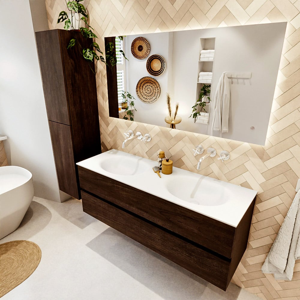 Mondiaz Vica badmeubel 140cm dark brown 2 lades met wastafel moon dubbel zonder kraangat