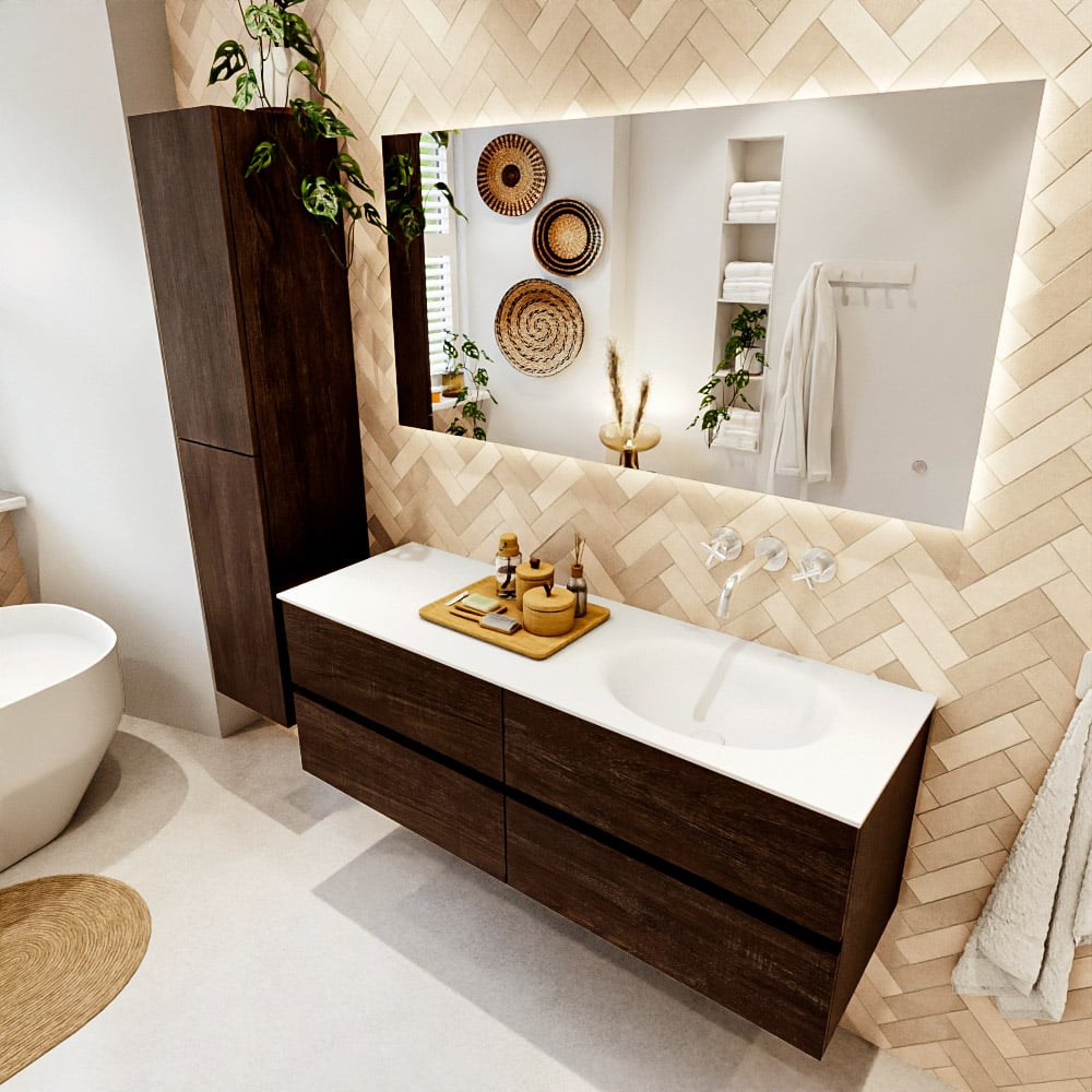 Mondiaz Vica badmeubel 140cm dark brown 4 lades met wastafel moon rechts zonder kraangat
