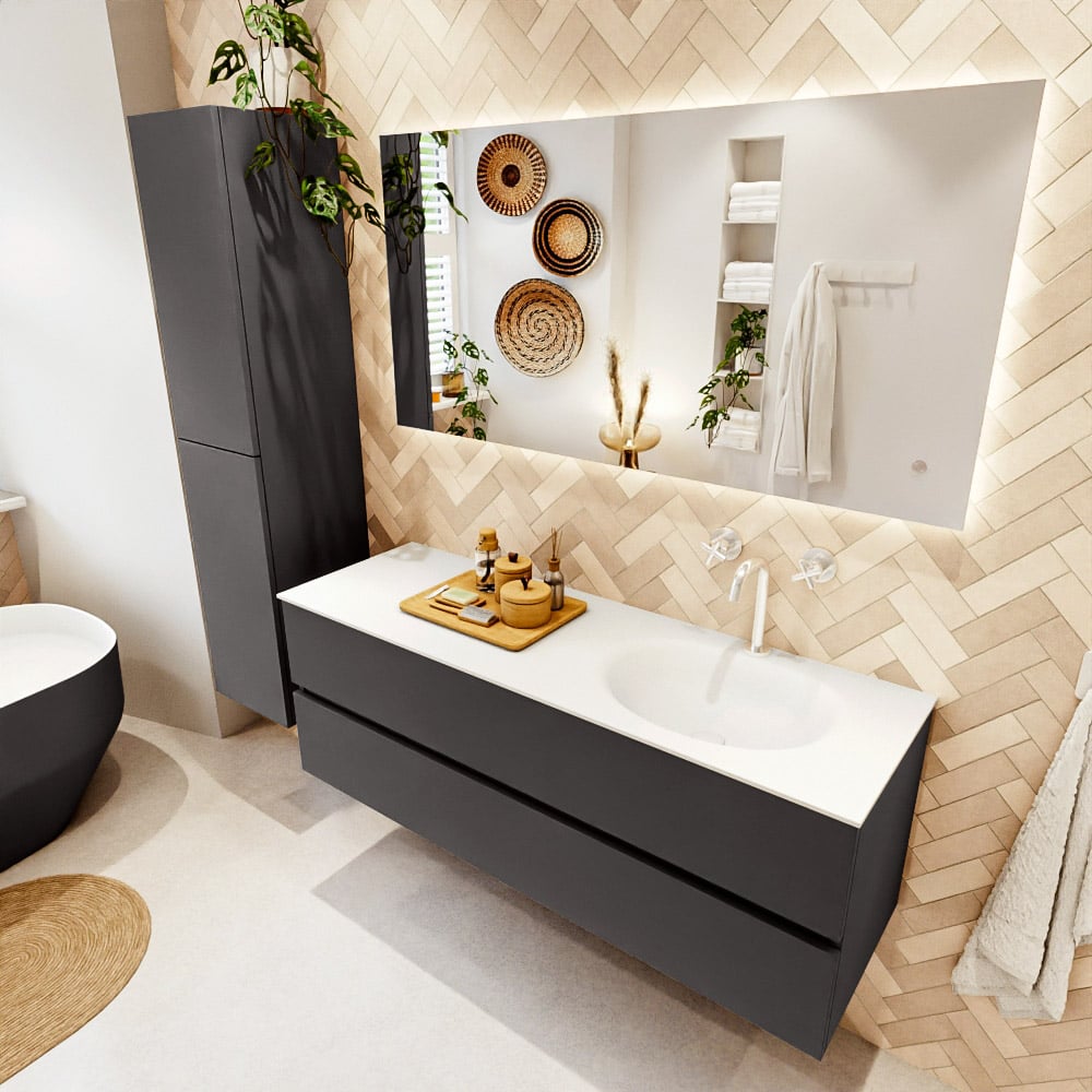 Mondiaz Vica badmeubel 140cm dark grey 2 lades met wastafel moon rechts 1 kraangat