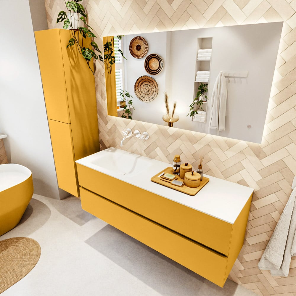 Mondiaz Vica badmeubel 140cm ocher 2 lades met wastafel cloud links zonder kraangat