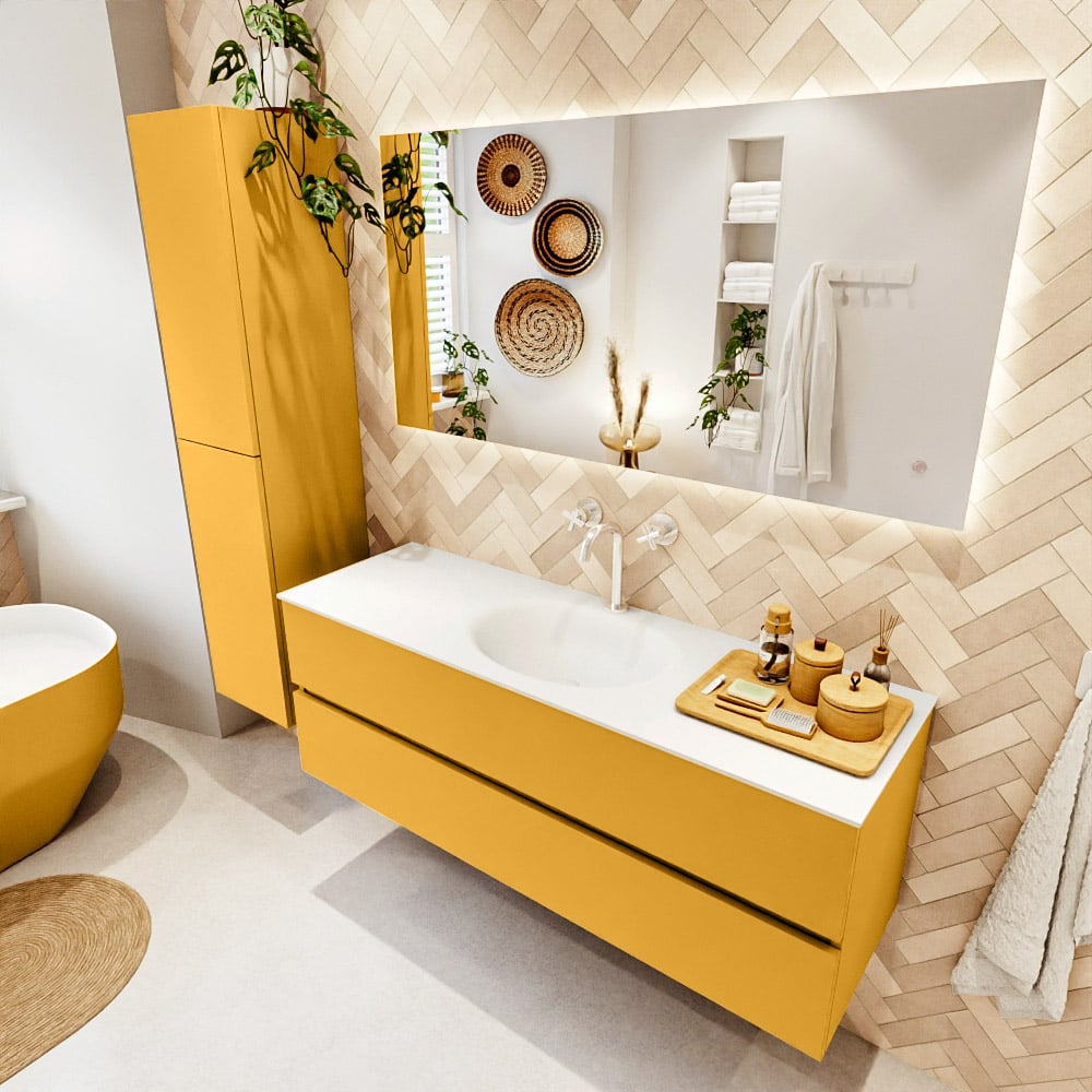 Mondiaz Vica badmeubel 140cm ocher 2 lades met wastafel moon midden 1 kraangat