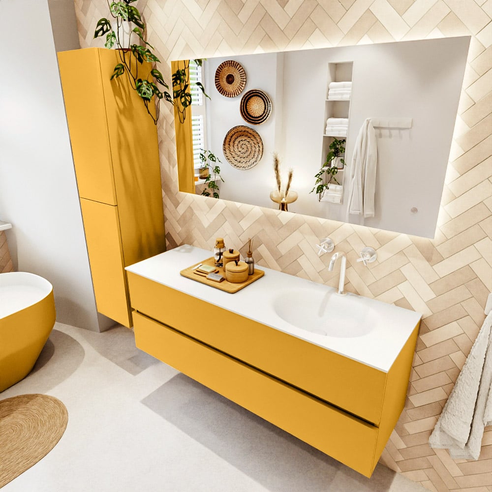 Mondiaz Vica badmeubel 140cm ocher 2 lades met wastafel moon rechts 1 kraangat