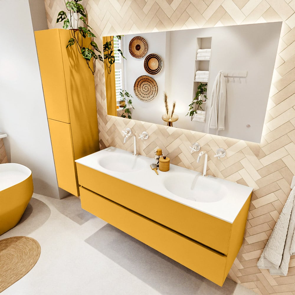 Mondiaz Vica badmeubel 140cm ocher 2 lades met wastafel moon dubbel 2 kraangaten