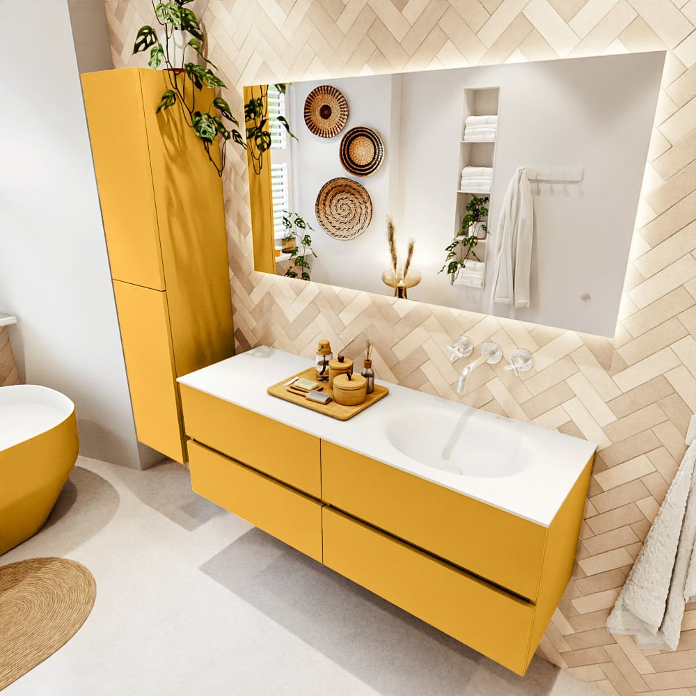 Mondiaz Vica badmeubel 140cm ocher 4 lades met wastafel moon rechts zonder kraangat