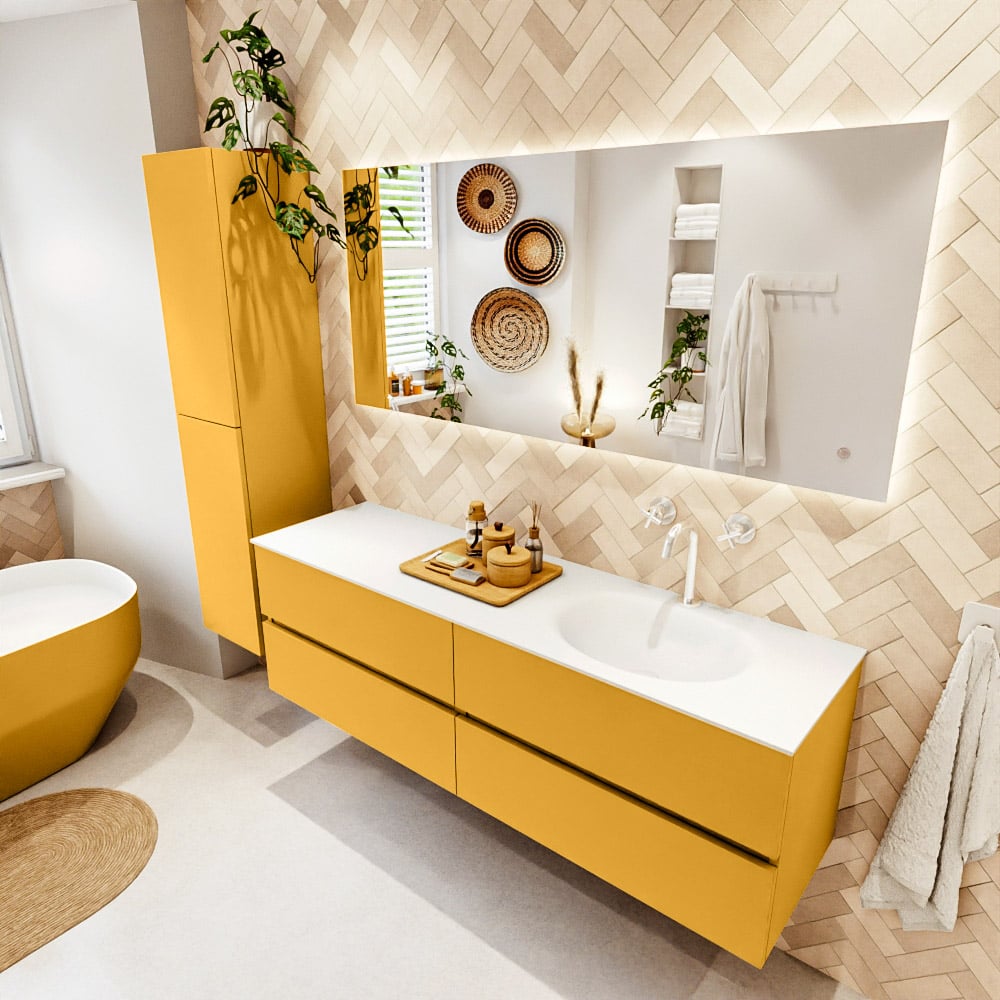Mondiaz Vica badmeubel 160cm ocher 4 lades met wastafel moon rechts 1 kraangat
