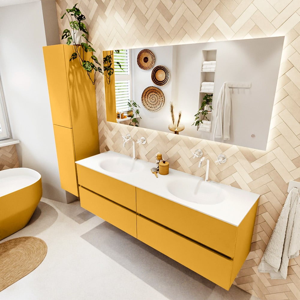 Mondiaz Vica badmeubel 160cm ocher 4 lades met wastafel moon dubbel 2 kraangaten