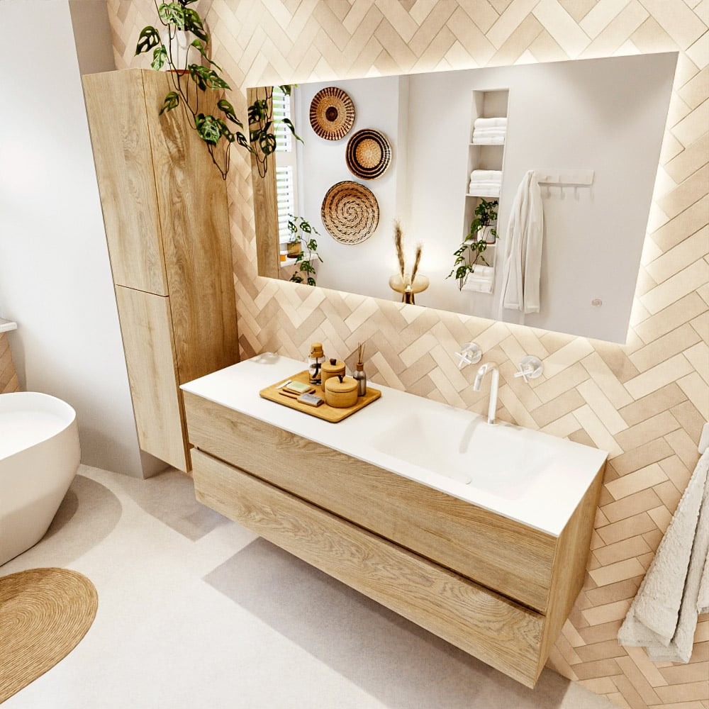 Mondiaz Vica badmeubel 140cm washed oak 2 lades met wastafel cloud rechts 1 kraangat
