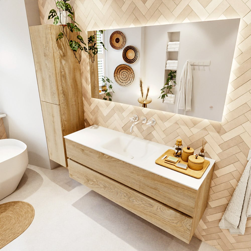 Mondiaz Vica badmeubel 140cm washed oak 2 lades met wastafel cloud midden zonder kraangat