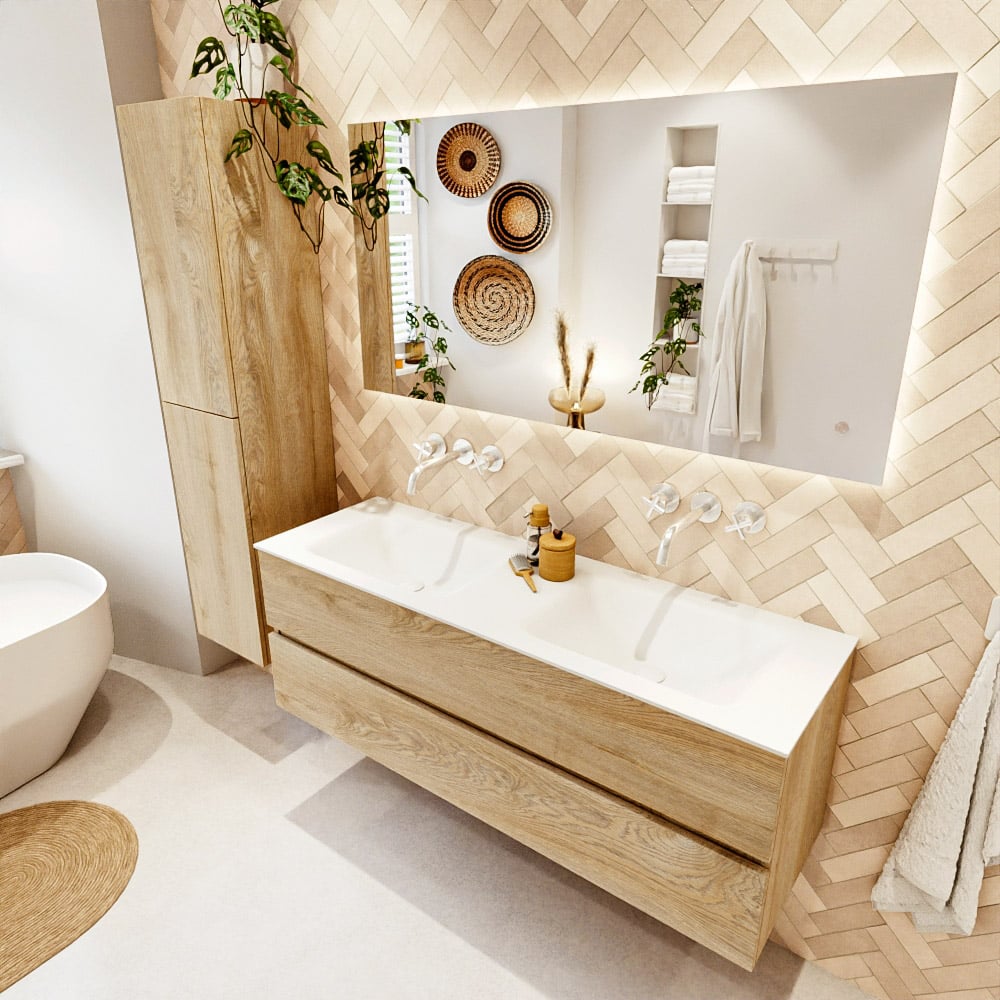 Mondiaz Vica badmeubel 140cm washed oak 2 lades met wastafel cloud dubbel zonder kraangat