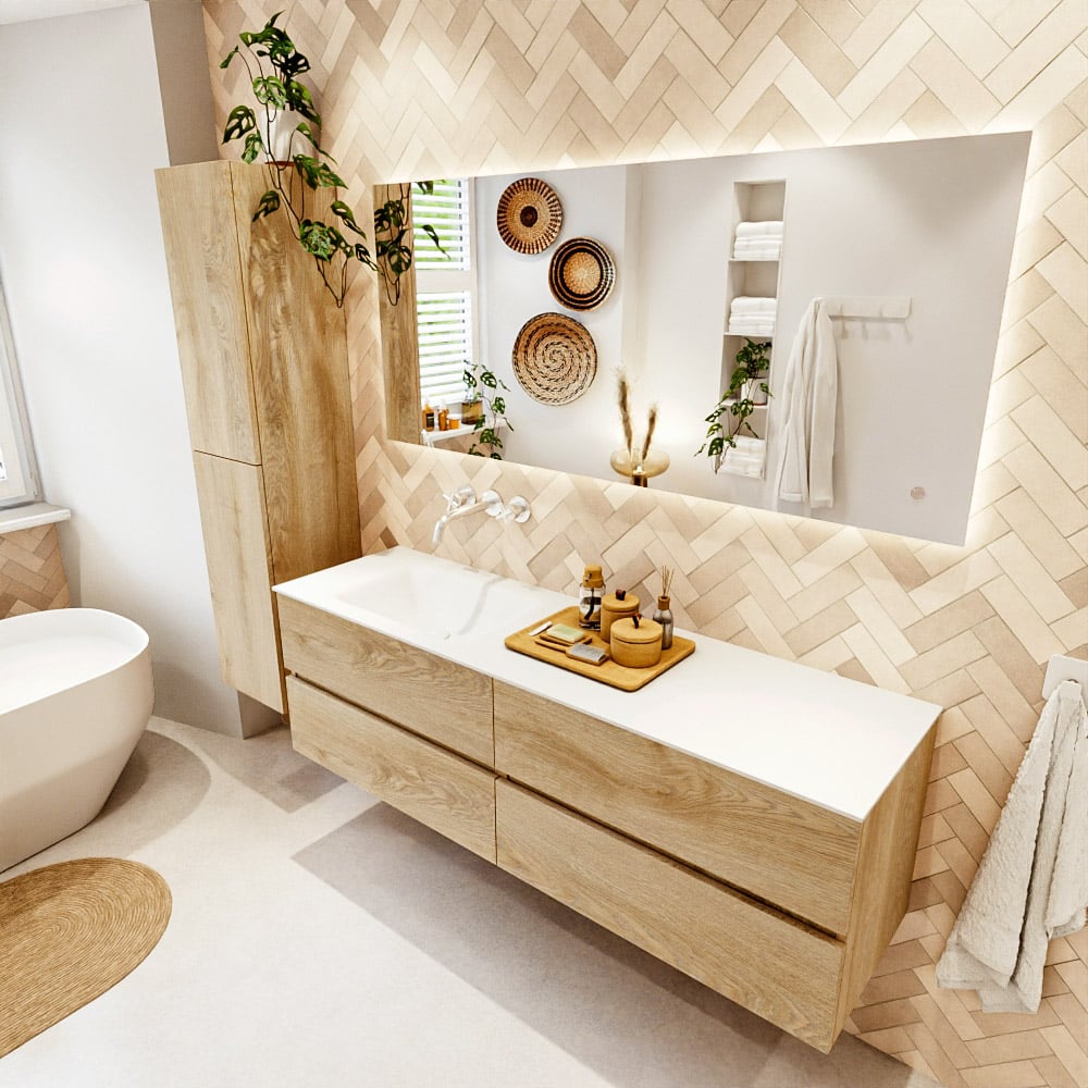 Mondiaz Vica badmeubel 160cm washed oak 4 lades met wastafel cloud links zonder kraangat