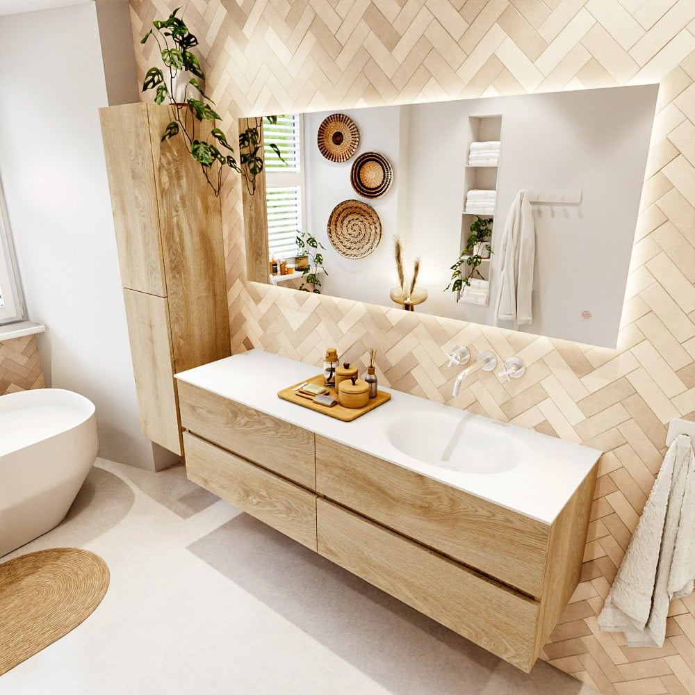 Mondiaz Vica badmeubel 160cm washed oak 4 lades met wastafel moon rechts zonder kraangat