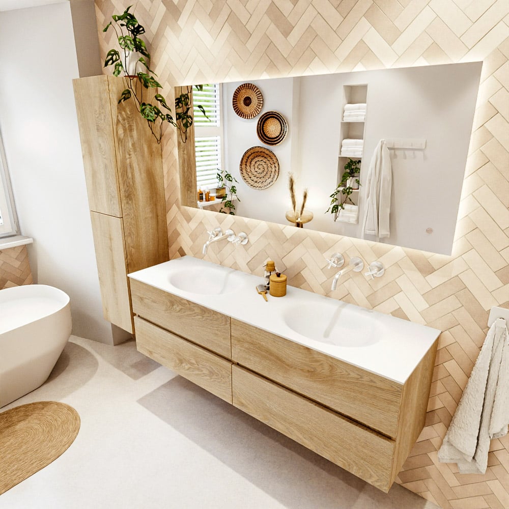 Mondiaz Vica badmeubel 160cm washed oak 4 lades met wastafel moon dubbel zonder kraangat