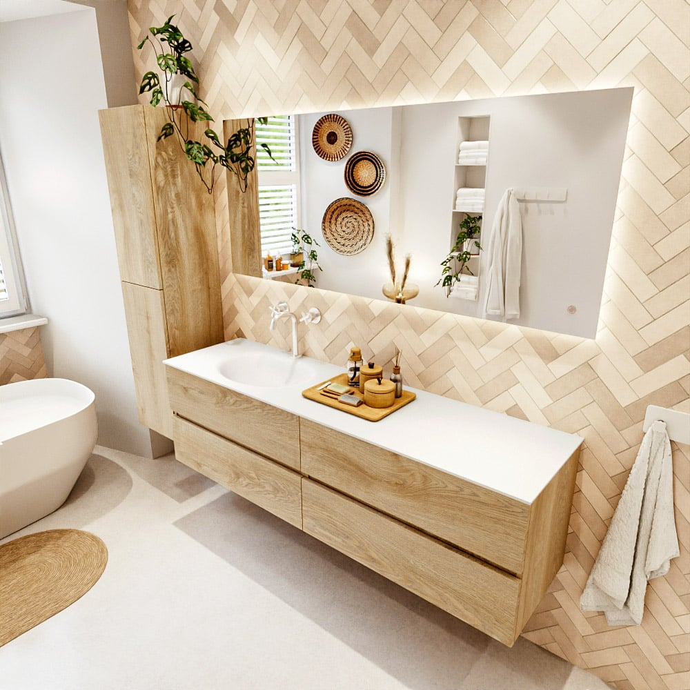 Mondiaz Vica badmeubel 170cm washed oak 4 lades met wastafel moon links 1 kraangat
