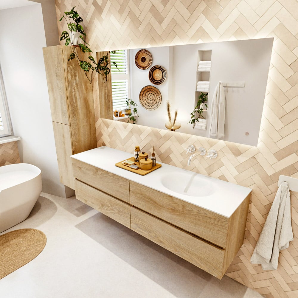Mondiaz Vica badmeubel 170cm washed oak 4 lades met wastafel moon rechts zonder kraangat