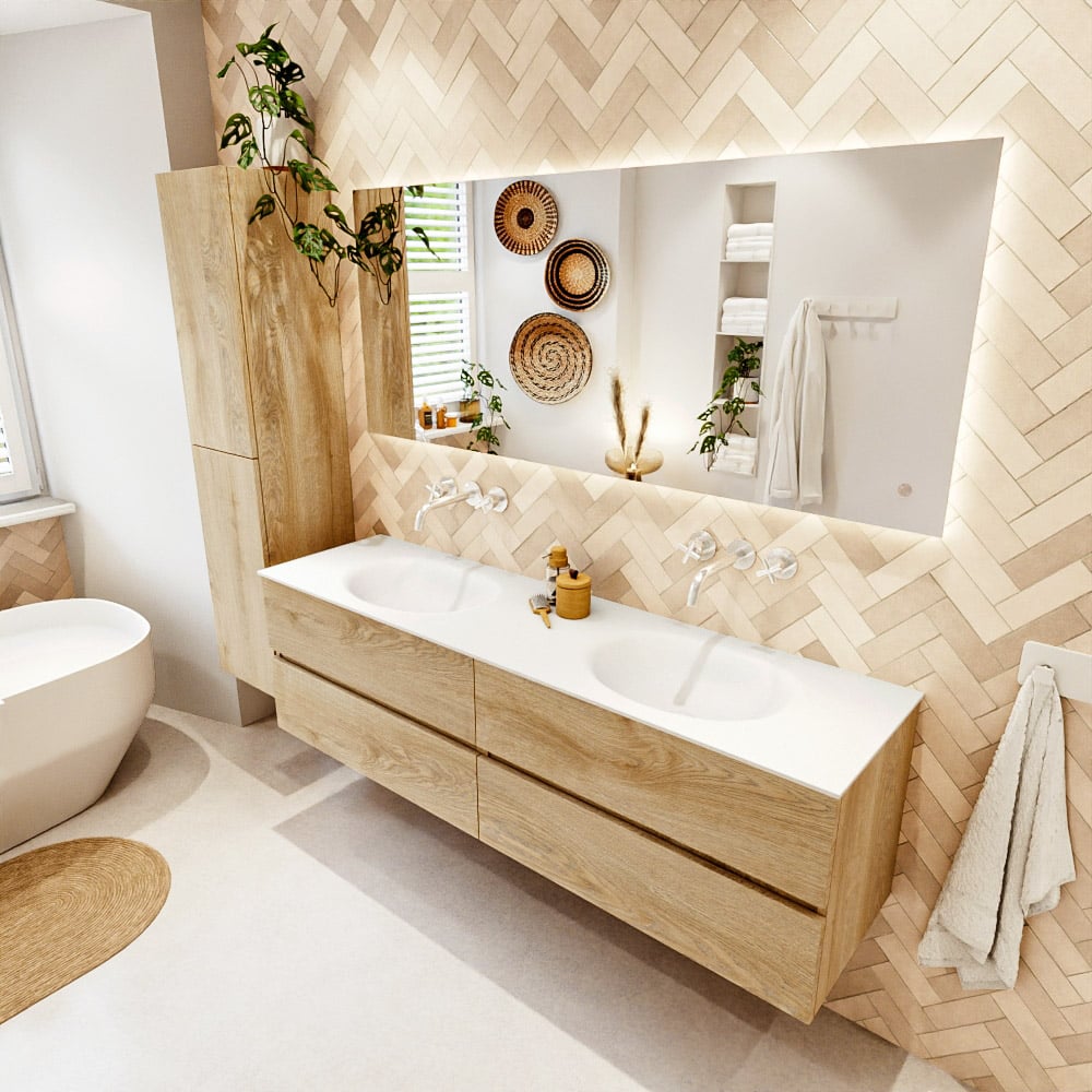 Mondiaz Vica badmeubel 170cm washed oak 4 lades met wastafel moon dubbel zonder kraangat