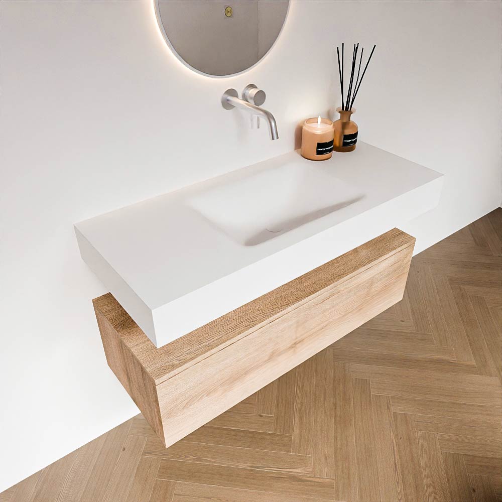 Zaro Alan badmeubel 110cm washed oak 1 lade met vrijhangende wastafel cloud midden zonder kraangat talc