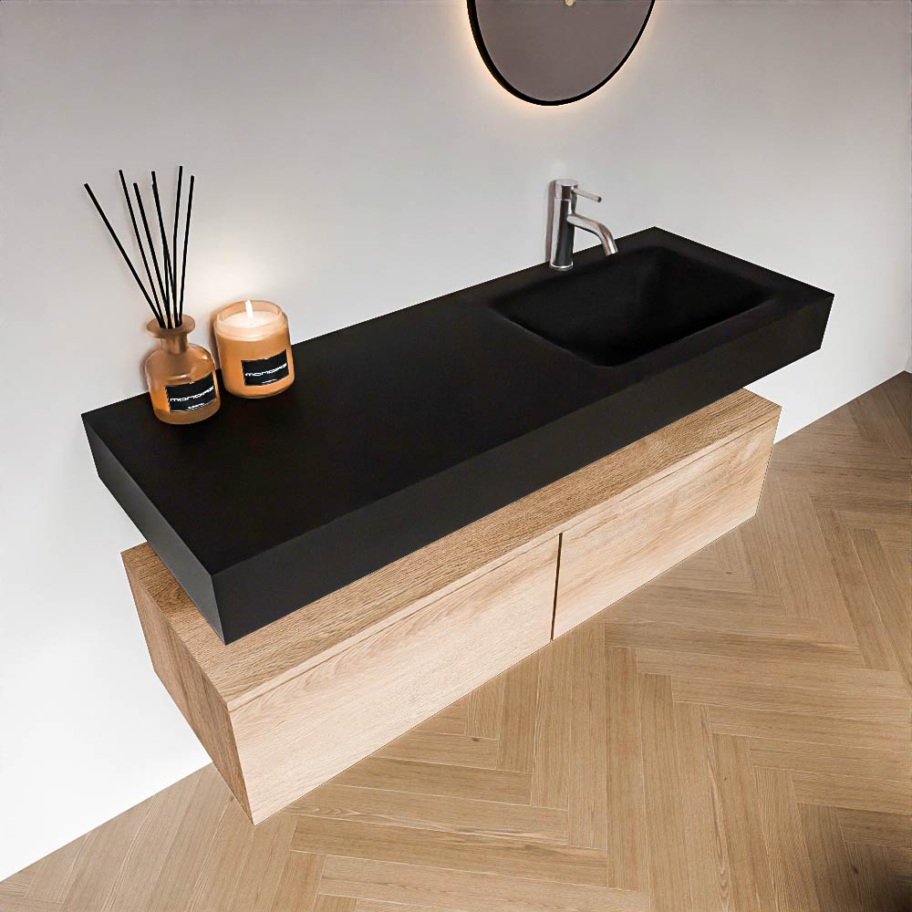Zaro Alan badmeubel 130cm washed oak 2 lades met vrijhangende wastafel cloud rechts 1 kraangat urban