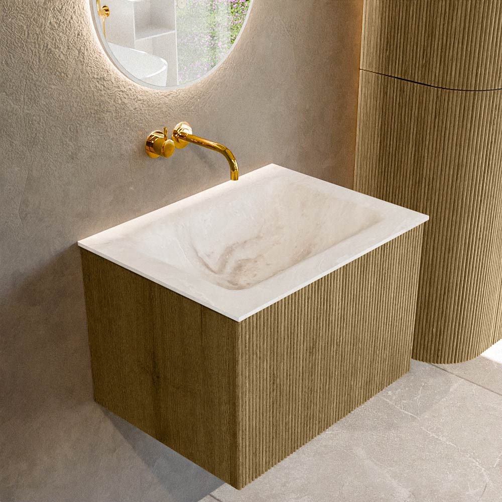 Mondiaz Kurve-dlux 60cm badmeubel dusk met 1 lade en wastafel cloud midden zonder kraangat frappe