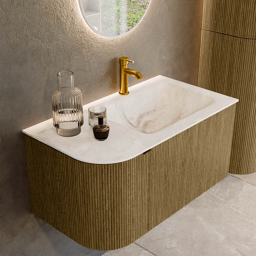 Mondiaz Kurve-dlux 85cm badmeubel ronding links dusk met 1 lade en deur en wastafel cloud kraangat rechts frappe