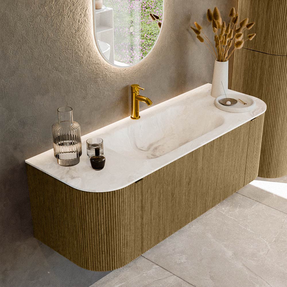 Mondiaz Kurve-dlux 130cm badmeubel ronding links/rechts dusk met 1 lade en 2 deuren en wastafel big small midden 1 kraangat frappe