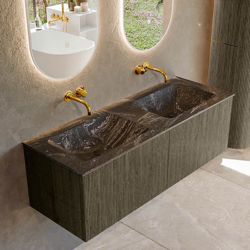 Mondiaz Kurve-dlux 130cm badmeubel shadow met 2 lades en wastafel leaf dubbel zonder kraangat lava