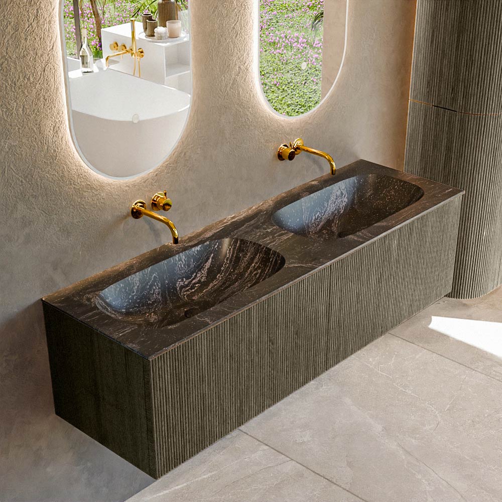 Mondiaz Kurve-dlux 150cm badmeubel shadow met 2 lades en wastafel stor small dubbel zonder kraangat lava