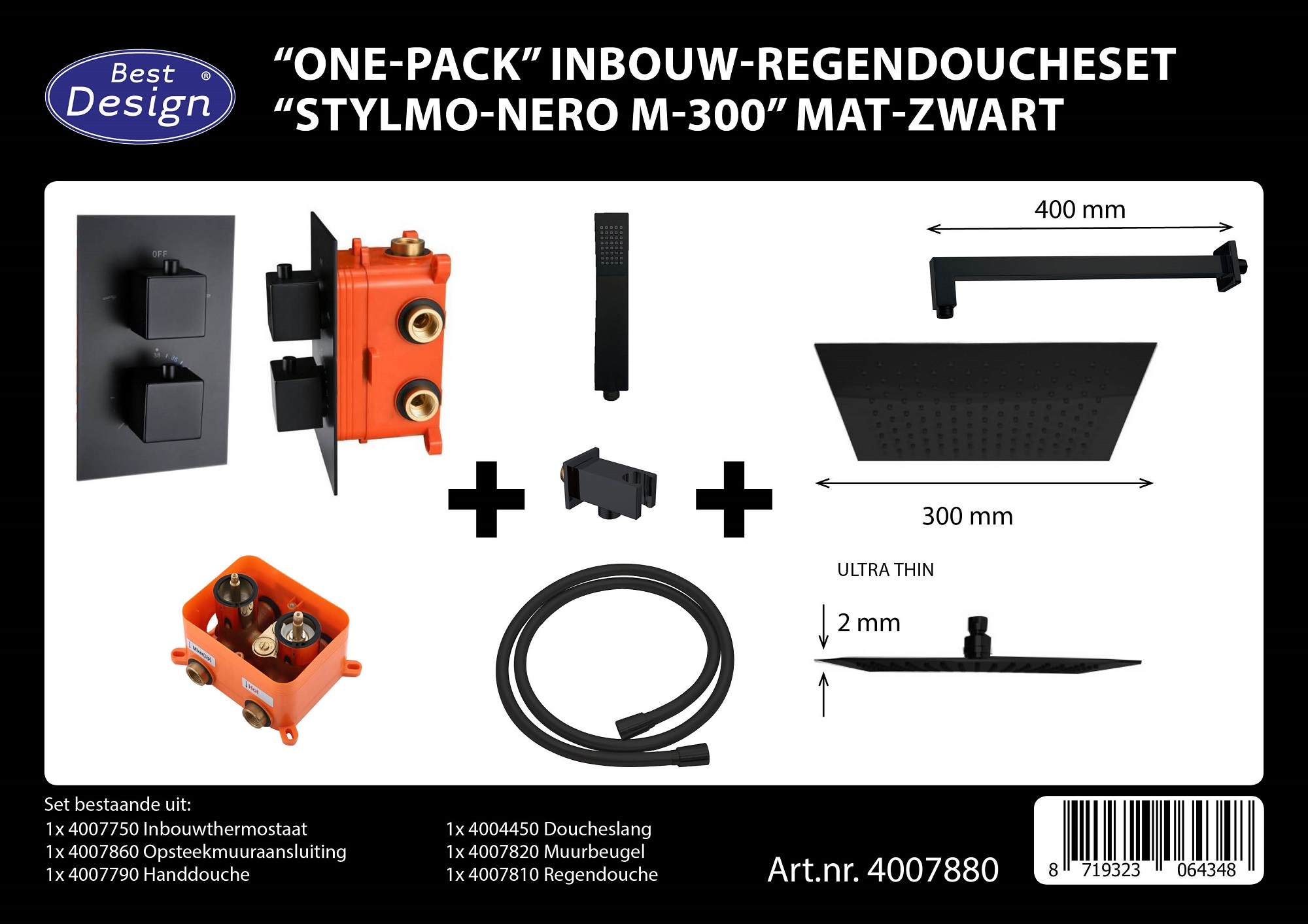 Best-Design Stylmo Nero M-300 inbouw regendouche set mat zwart