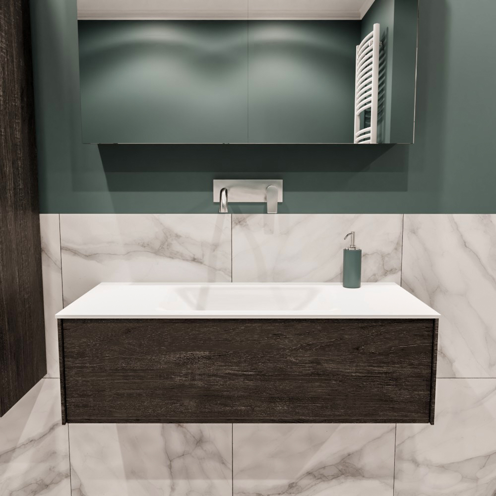 Lush onderkast 100cm in kleur DARK BROWN met 1 lade Push tot open geschikt voor gecentreerde wastafel. Compleet met solid surface wastafel cloud M35132met 0 kraangat(en)