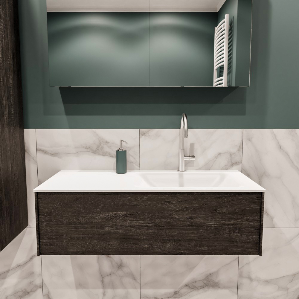Lush onderkast 100cm in kleur DARK BROWN met 1 lade Push tot open geschikt voor rechtse wastafel. Compleet met solid surface wastafel cloud M35134met 1 kraangat(en)