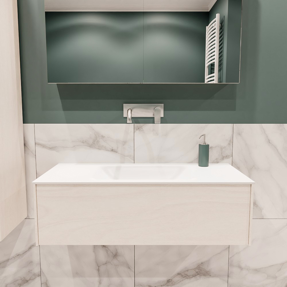 Lush onderkast 100cm in kleur UNDERLAYMENT met 1 lade Push tot open geschikt voor gecentreerde wastafel. Compleet met solid surface wastafel cloud M35132met 0 kraangat(en)