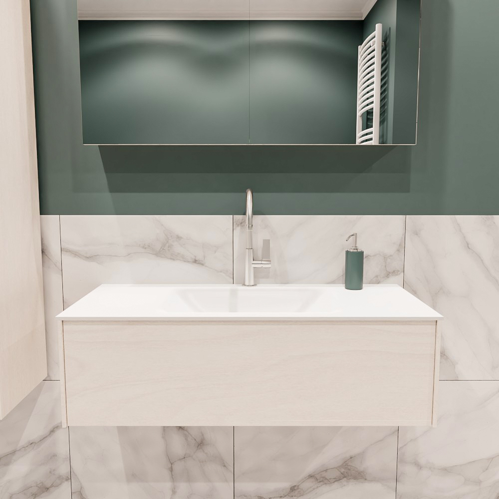 Lush onderkast 100cm in kleur UNDERLAYMENT met 1 lade Push tot open geschikt voor gecentreerde wastafel. Compleet met solid surface wastafel cloud M35132met 1 kraangat(en)