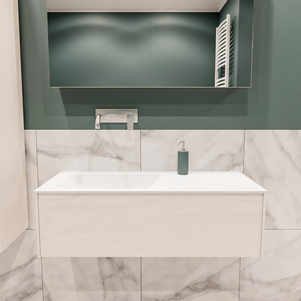 Lush onderkast 100cm in kleur UNDERLAYMENT met 1 lade Push tot open geschikt voor linkse wastafel. Compleet met solid surface wastafel cloud M35133met 0 kraangat(en)