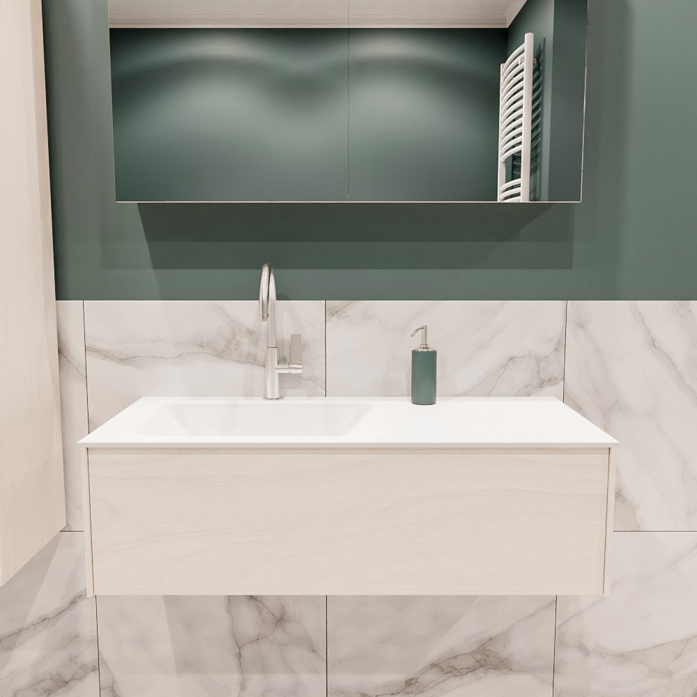 Lush onderkast 100cm in kleur UNDERLAYMENT met 1 lade Push tot open geschikt voor linkse wastafel. Compleet met solid surface wastafel cloud M35133met 1 kraangat(en)