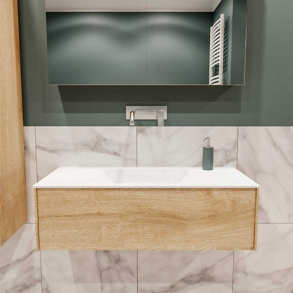 Lush onderkast 100cm in kleur WASHED OAK met 1 lade Push tot open geschikt voor gecentreerde wastafel. Compleet met solid surface wastafel cloud M35132met 0 kraangat(en)