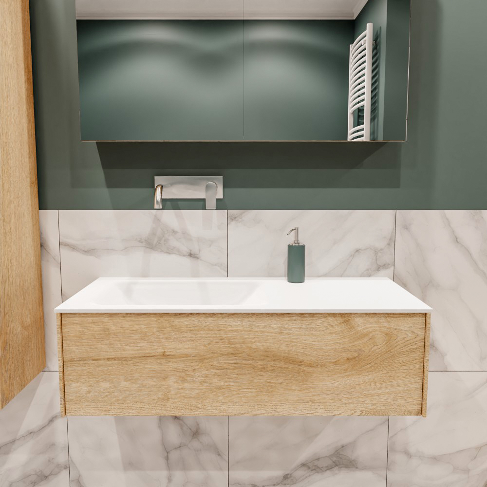 Lush onderkast 100cm in kleur WASHED OAK met 1 lade Push tot open geschikt voor linkse wastafel. Compleet met solid surface wastafel cloud M35133met 0 kraangat(en)