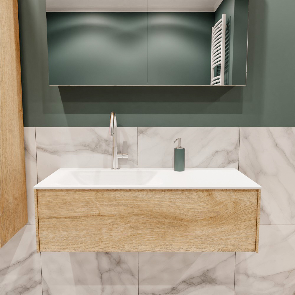 Lush onderkast 100cm in kleur WASHED OAK met 1 lade Push tot open geschikt voor linkse wastafel. Compleet met solid surface wastafel cloud M35133met 1 kraangat(en)