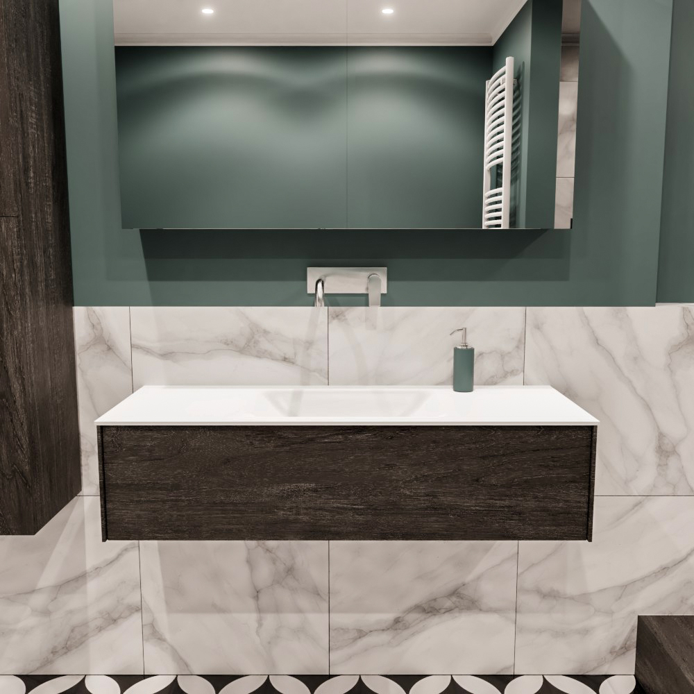 Lush onderkast 120cm in kleur DARK BROWN met 1 lade Push tot open geschikt voor gecentreerde wastafel. Compleet met solid surface wastafel cloud M35162met 0 kraangat(en)