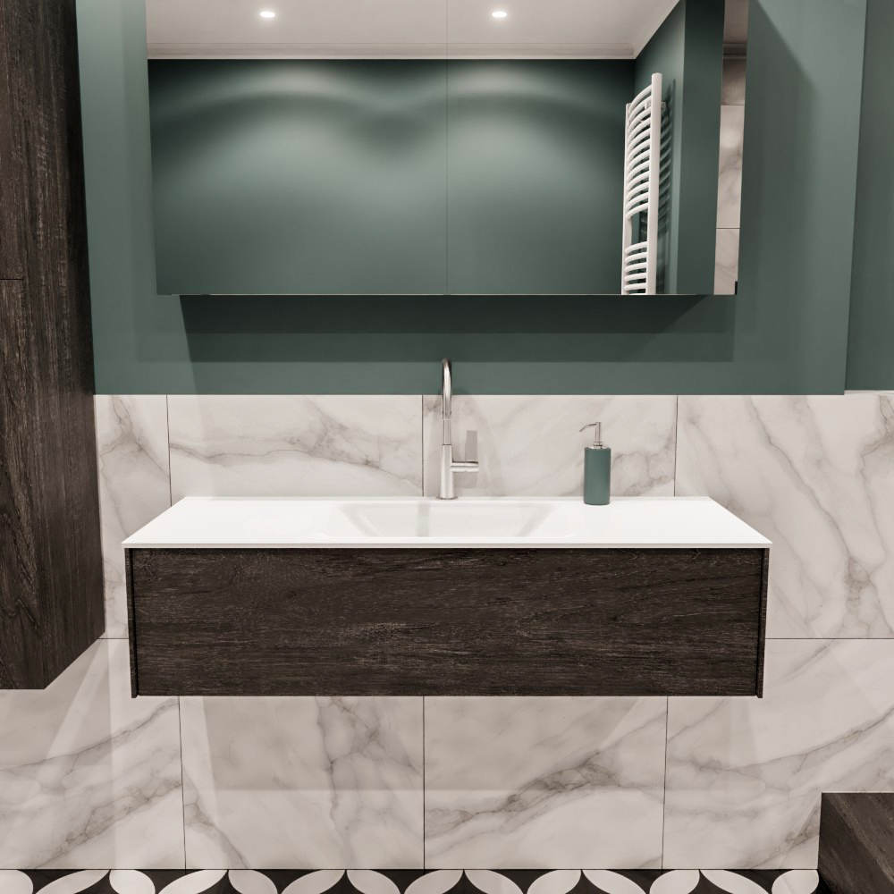Lush onderkast 120cm in kleur DARK BROWN met 1 lade Push tot open geschikt voor gecentreerde wastafel. Compleet met solid surface wastafel cloud M35162met 1 kraangat(en)